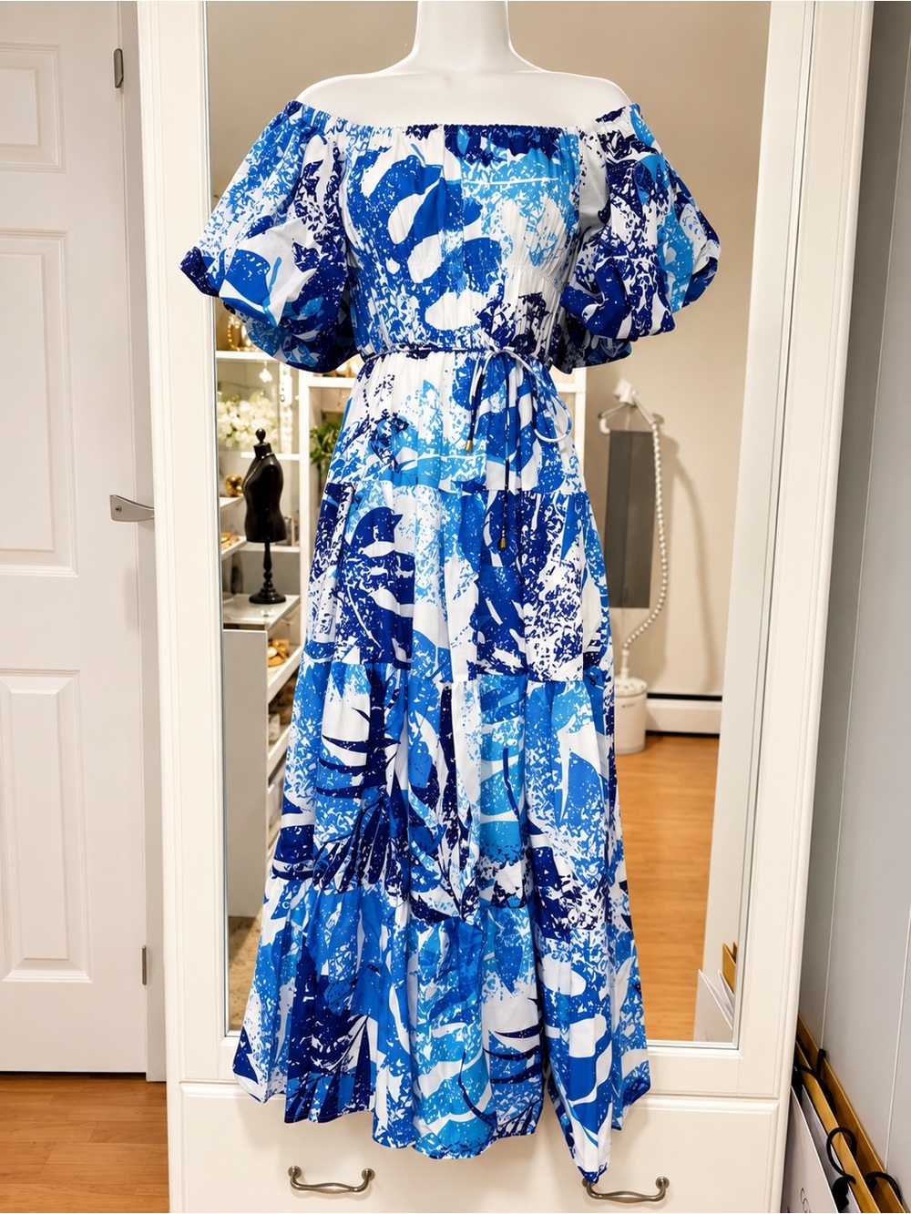 NWT Aleeza Paris Off-Shoulder Blue & White Printed Dress